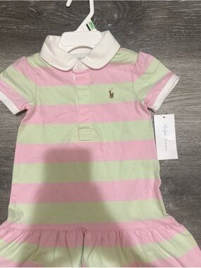 Ralph Lauren Pink & Light Green Striped Polo Dress with White Collar